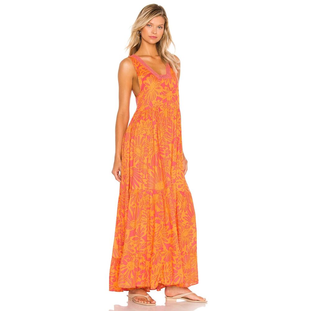 Free People Tiers For You Maxi Dress Orange Pink Floral Size Small